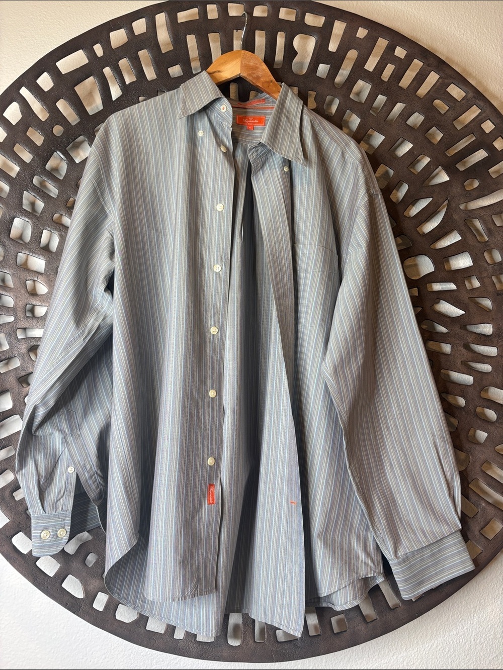 💙 Façonnable Jeans Men’s XL Striped Button Down Shirt Blue Gray Dress Cotton💙